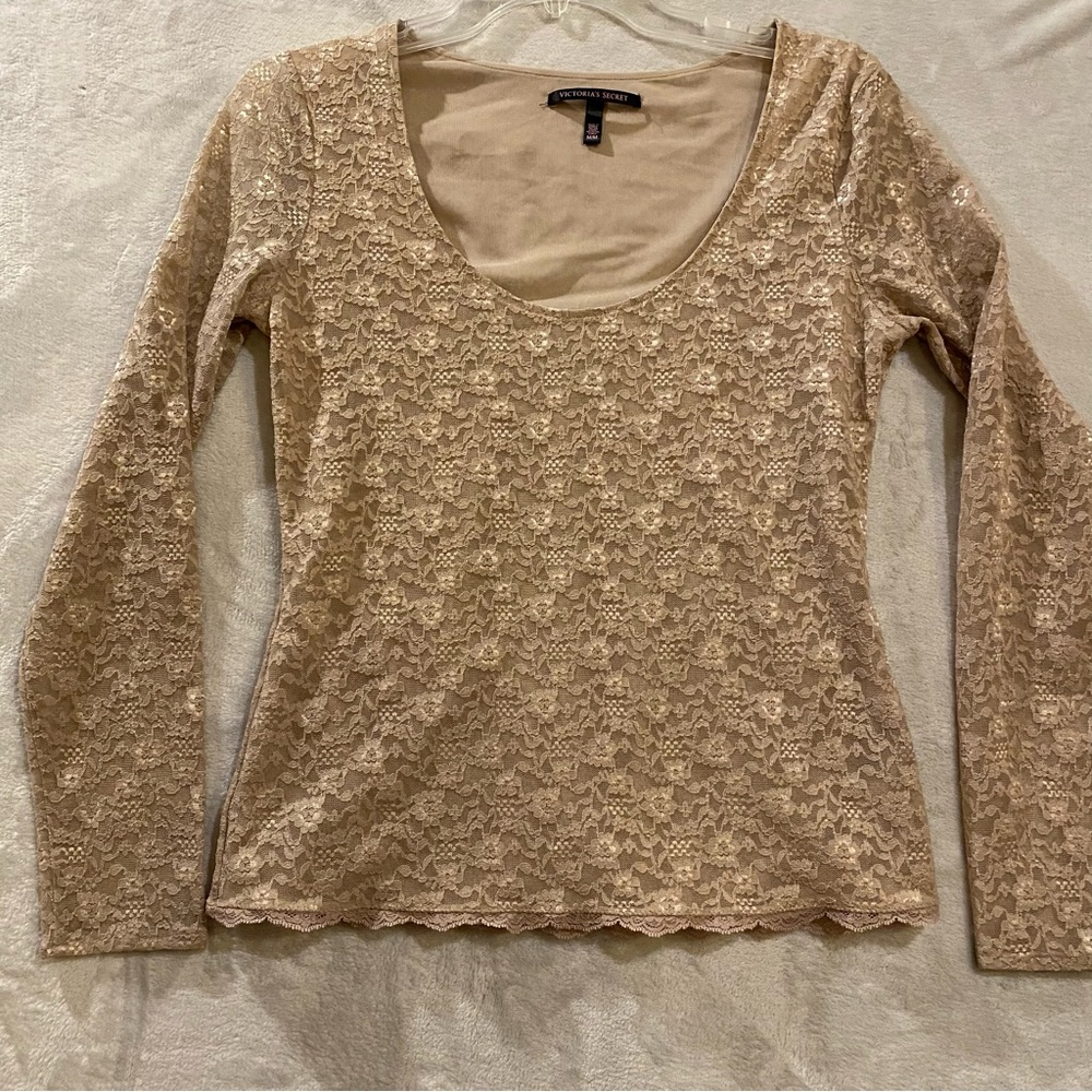 Victoria’s Secret Shirt Women’s Medium Tan Scoop Neck Lace Long Sleeve